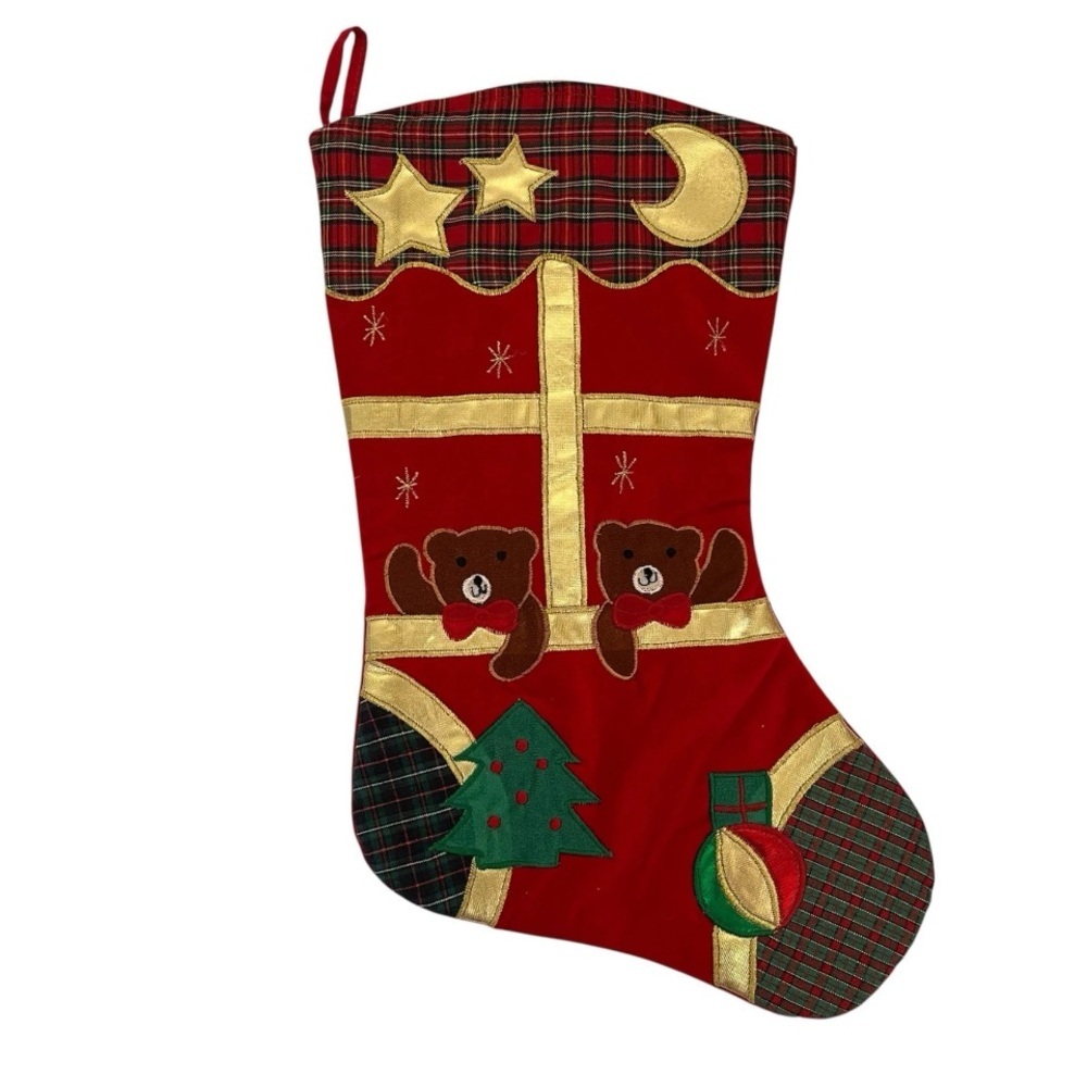 World Bazaars Teddy Bear Christmas Stocking Velvet Plaid Red Green Gold Brown